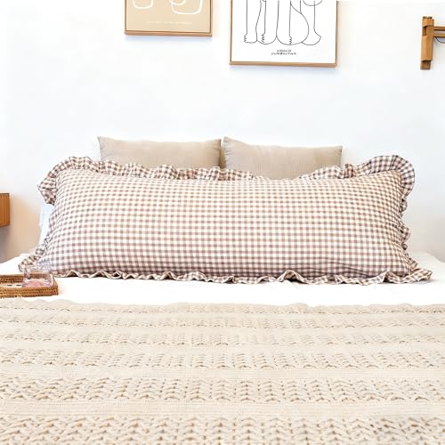 JoraLion 20x54 Ruffle Lumbar Pillow Covers, Khaki Scalloped Cotton Plaid Gingham Ruffle Decor Pillowcase Farmhouse Soft Cushion Case for Couch Sofa Bed Living Room, Set of 1, Covers ONLY