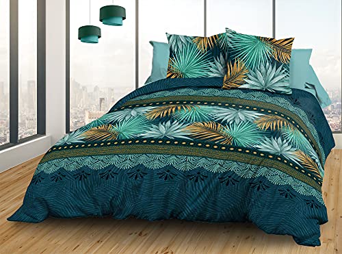 Le linge de Jules Bed Sheet + Fitted Sheet 140 x 190 cm + 2 Tees - Pure Cotton 57 Thread Count - Blue/Green/Saffron