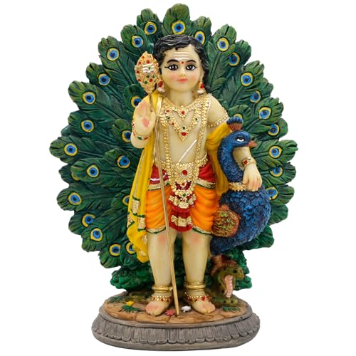Lord Kartikeya Statue with Peacock - 6.7”H Indian Idol Murugan Murti Item Home Office Temple Mandir Shrine Altar Pooja Decor India Diwali Puja Gifts for Friends Relative