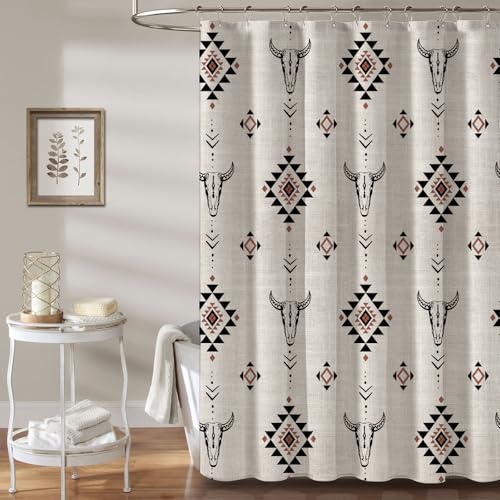 MUGINYU Western Aztec Linen Shower Curtain- Boho Farmhouse Fabric Shower Curtain Set, Ethnic Southwest Bull Skull Cow Shower Curtains for Bathroom, 72x72 Bath Curtain