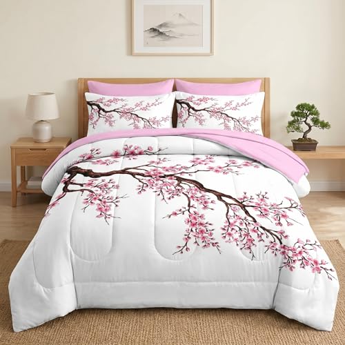 Pamnest Comforter Set Full Size, Japanese Cherry Blossom 7 Pcs Bedding for Kids and Adults, Flower Painting Pink Bed Sheet Sets with Fitted Sheet 2 Pillowcase & 2 Sham for Bedroom Bed Decor