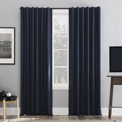"Sun Zero Greyson Faux Dupioni Silk Thermal Extreme Total Blackout Back Tab Curtain Panel, 50"" x 108"", Navy Blue"