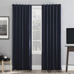 "Sun Zero Greyson Faux Dupioni Silk Thermal Extreme Total Blackout Back Tab Curtain Panel, 50"" x 108"", Navy Blue"