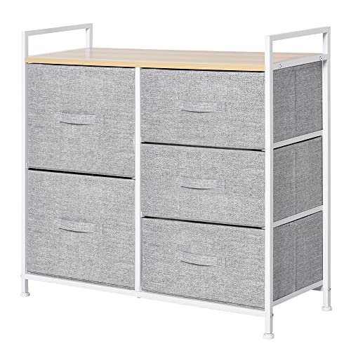 HOMCOM Chest of Drawers for Bedroom with 5 Fabric Drawers, Storage Organiser Unit with Open Shelf, Handle and Steel Frame, Dresser for Living Room, Hallway, Grey