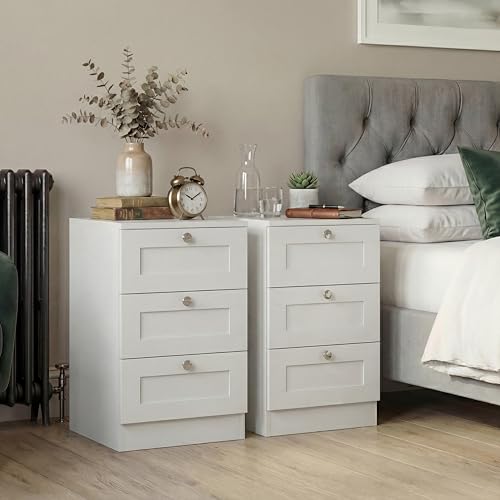 Vida Designs Altino 3 Drawer Bedside Table - White - 62H x 40W x 36D cm - Compact Space-Saving Nightstand - Engineered Wood - Smooth Glide Drawer - Modern Shaker Style - Ideal for Bedroom, Guest Room