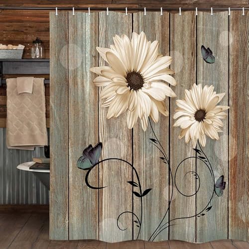 Bzhilja Rustic Floral Shower Curtain for Bathroom, Elegant Daisy Flower Butterflies Bath Curtains, Farmhouse Barn Wood Vintage Fabric Shower Curtain Sets with Hooks, 69x78 Inches