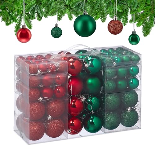 Relaxdays Christmas Baubles, Set of 100, Tree Ornaments, ∅ 3, 4 & 6 cm, Decorations, Glittery, Matte & Shiny, Red/Green