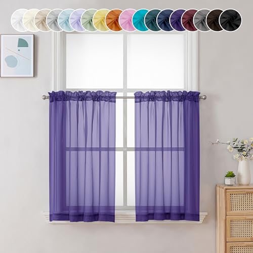 Chyhomenyc Sheer Purple Tier Curtains 24 Inch Length, Small Window Treatment for Bathroom Living Room Basement, Short Rod Pocket Cafe Panels, 42W x 24L Inches, 2 Panels