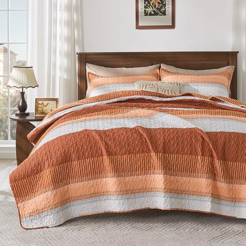 Andency King Size Quilt Set Orange, 3 Pcs Bedspreads & Coverlets - Ultra Soft Lightweight Patchwork Striped Quilted Bedding Sets for All Seasons (1 Quilt, 2 Pillow Shams)