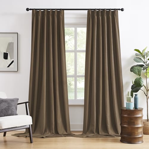 "DUALIFE Chocolate Brown Pinch Pleated Blackout Curtains 102 Inches Long, Back Tab with Hooks, Linen Full Black Out Thermal Insulated Track Curtain for Bedroom Living Room,40"" Wx102 L, 2 Panels"
