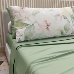PETTI Artigiani Italiani - Cotton Sheets with Pillowcases in Digital Print, Double Bed Sheet, Floral 143 Sage, 100% Made in Italy