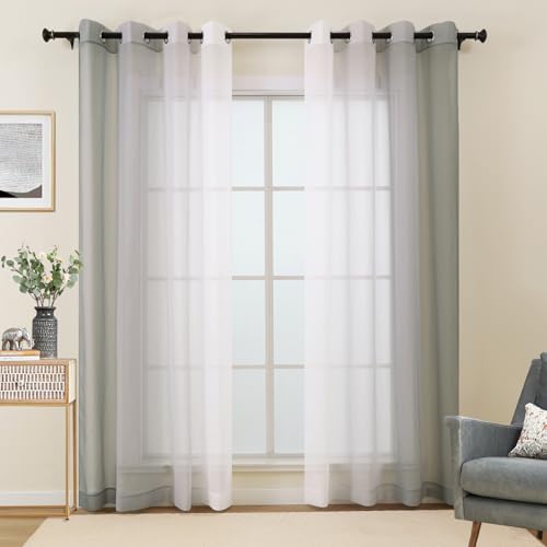 L.Z.E Grey Ombre Sheer Curtains 63 Inch Length for Living Room, Transparent Light Gray Curtains for Bedroom Dining Room Sliding Glass Door, Lightweight Gradient Window Drapes Grommet Top 2 Panels Set