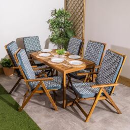 Bean Bag Bazaar Outdoor High Back Seat Pad, Geometic Grey, Set of 6, Garden Chair Seat Cushion with Fibre Fill Included, Water-Resistant, Cushions with ties for Chair, Garden, Patio Furniture