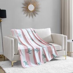 "Juicy Couture Cabana Plush Pink Striped 50""X70"" Fuzzy Throw Blanket - Luxurious Microfiber Plush Blanket for Ultimate Comfort and Cozy Warmth"