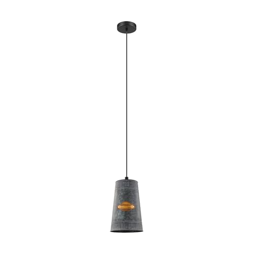 EGLO Honeybourne Pendant Light, 1 Bulb Vintage Industrial Retro Pendant Light Made of Galvanised Steel Antique Gold Black Dining Table Lamp Living Room Lamp Hanging with E27 Socket