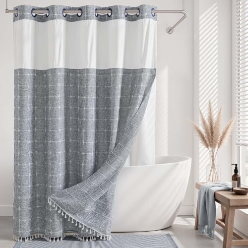 River Dream Farmhouse Blue Shower Curtain with Snap-in Liner, No Hooks Shower Curtain Set, with Tassels for Bathroom Decor,Shower Curtain and Liner with Sheer Window 71x74 Inch