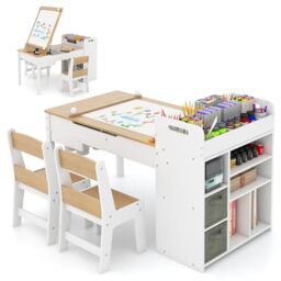 GYMAX Kids Art Table and Chairs Set, Wooden Children Desk with Flip-up Tabletop, Paper Roll, Paint Cups, Bins & Shelves, Toddler Activity Table Set for Drawing Writing, 120x60x60cm (Natural+White)