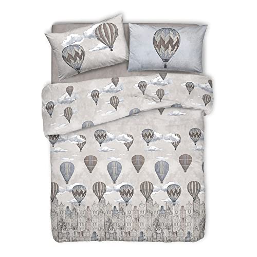 PENSIERI DELICATI 100% Cotton Double Duvet Cover Set, Complete with 250 x 200 cm Sleeping Bag and 2 Pillowcases 52 x 82 cm, Made in Italy, Duvet Cover Machine Washable at 40 Degrees, Beige Flying
