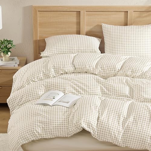 Andency Gingham Duvet Cover King Size, Cream Beige Checkered Plaid Bedding Set, 3 Pieces Soft Prewashed Microfiber Comforter Cover with Zipper Closure & Corner Ties