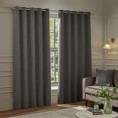 Paoletti Galaxy Eyelet Curtain Pair – Lined Room Darkening Luxury Opulent Chenille Curtains (Charcoal - 168x229cm)