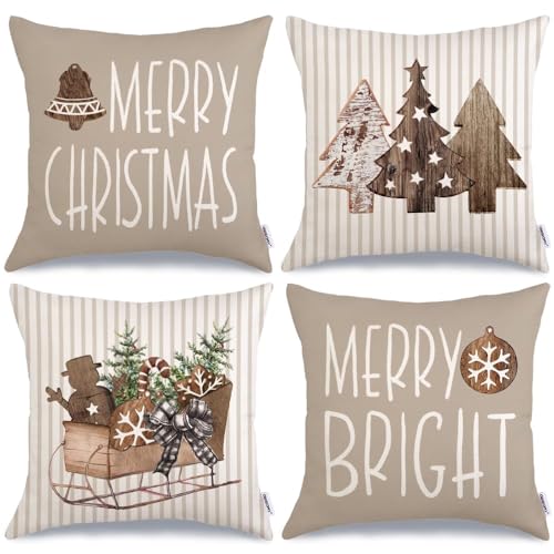GEEORY Christmas Pillow Covers 18 x 18 Inch Set of 4, Striped Wooden Tree Snow Sleigh Merry Bright Xmas Holiday Decor Decorative Throw Cushion Case Decoration for Home Party Sofa Couch (Brown)