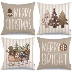 GEEORY Christmas Pillow Covers 18 x 18 Inch Set of 4, Striped Wooden Tree Snow Sleigh Merry Bright Xmas Holiday Decor Decorative Throw Cushion Case Decoration for Home Party Sofa Couch (Brown)