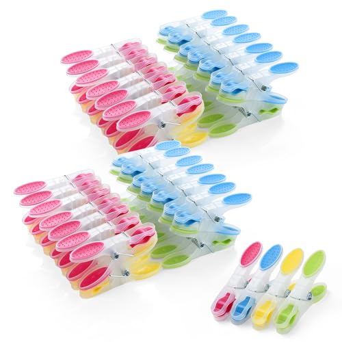 AiQInu Pack of 60 Clothes Pegs with Non-Slip Silicone, Plastic Towel Clips, Clothes Pegs, Multicoloured Pegs, Leaves No Marks for Laundry, Trousers, T-Shirts, Underwear, Socks