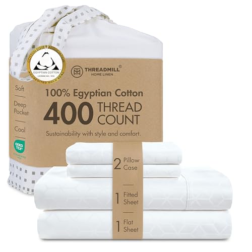 Threadmill Home Linen King-Size Sheets - Certified 100% Egyptian Cotton 400 Thread Count, 4 Piece White Bedding Set, Comfortable ELS Combed Cotton, Jacquard Sheets with Elasticized Deep Pocket