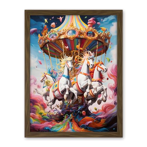 Artery8 Magical Carousel in Rainbow Clouds Bright Bold Vibrant Fantasy Kids Bedroom Baby Nursery Artwork Framed Wall Art Print 18X24 Inch