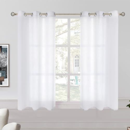 BGment Natural Linen Sheer Curtains 45 Inch Length for Bedroom, Grommet Semi Sheer Light Filtering Casual Textured Privacy Opaque Sheer Curtains for Living Room, 2 Panels (Each 38 x 45 Inch, White)