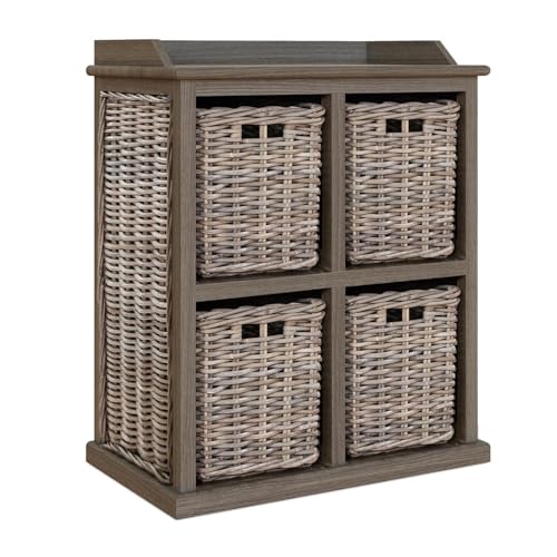 FWStyle Handmade Kubu Rattan 2 Over 2 Basket Storage Unit with Mahogany Frame, Rustic Woven Drawer Storage Cabinet for Hallway, Bedroom or Living Room, H84 x W70 x D40 cm