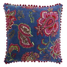 "Riva Paoletti Malisa Square Cushion Cover - Smoke Blue - Paisley Indian Print - Faux Velvet Fabric - Pink Pompom Edges - Machine Washable - 100% Cotton - 50 x 50cm (20"" x 20"" inches)"