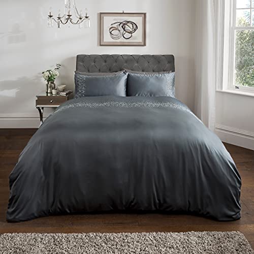 Sleepdown Gem Embellished Sateen Charcoal Grey Duvet Cover Quilt and Pillow Cases Bedding Set Soft Cosy - Charcoal Grey, Double (200 cm x 200 cm)