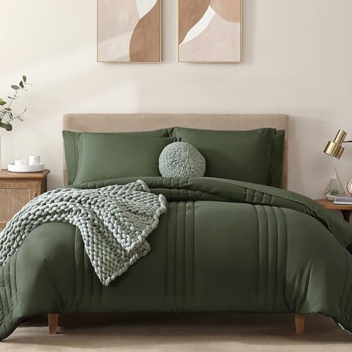 Oversized Queen Comforter Set-7 Pieces Soft Bed in a Bag Queen Bedding Sets - Monbix All-Season Vertical Quilted Comforter with Sheets, Pillow Shams & Pillowcases, Olive Green