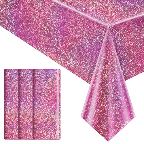 "Just Shimmer 3Pcs Pink Holographic Plastic Tablecloths Laser Table Covers 40"" x 108"" Foil Disposable Table Cloths for Mermaid Themed Birthday Party Wedding Christmas Holiday Party Decorations???"