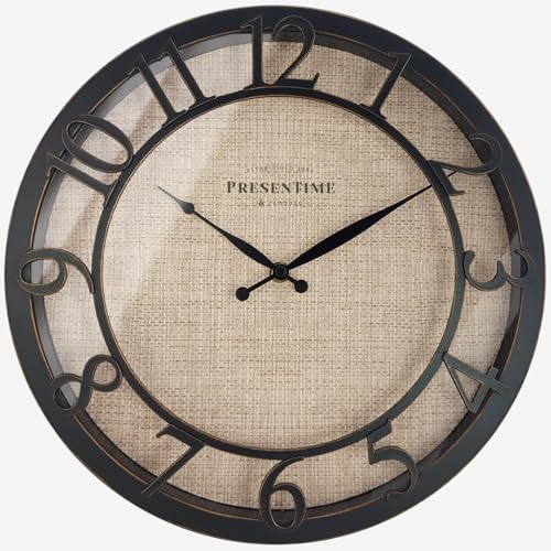 "PRESENTIME & Co 13"" Farmhouse Series Wall Clock, Cottage Style, Faux Burlap Design, Silent No Ticking, Oil Rubbed Antique Bronze Finish"