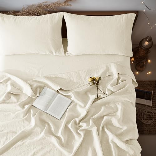 "LBRO2M 100% Linen Sheet Set Twin Size,Bed Sheets 3 Piece Sets,Solid Color Natural Flax Bed Sheets Soft Breathable Bedding,16"" Deep Pocket,All Season (Twin, Beige)"