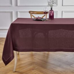 Solino Home Linen Hemstitch Tablecloth ??? Burgundy 60 x 108 Inch ??? 100% Pure Linen Tablecloth for Fall, Halloween, Thanksgiving, Christmas ??? Classic Hemstitch, Handcrafted and Machine Washable