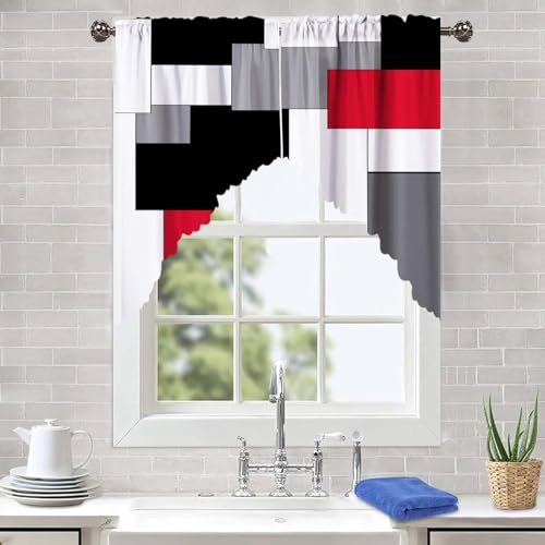 "ULQUISNCE Red Swag Valances Set, Geometric Red Grey Swag Curtains Modern Kitchen Curtains Fade and Wrinkle Resistant - Ideal for Living Room, Kitchen, bathroom (36"" x 36"", 2 Panels)"