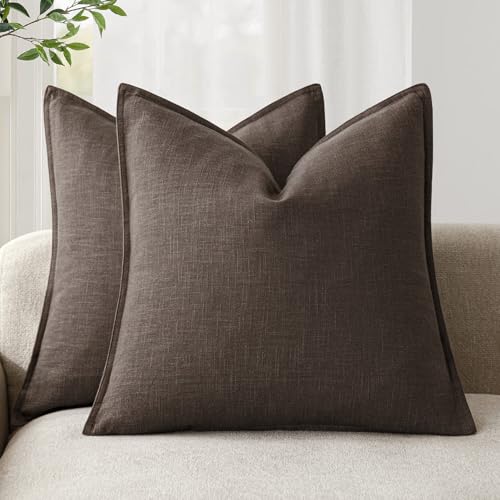 Foindtower Pack of 2, Decorative Linen Soild Throw Pillow Covers Soft Accent Cushion Case Boho Farmhouse Neutral Pillowcase for Couch Sofa Bedroom Living Room Home Decor 16 x 16 Inch Reddish Brown