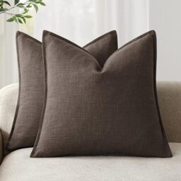Foindtower Pack of 2, Decorative Linen Soild Throw Pillow Covers Soft Accent Cushion Case Boho Farmhouse Neutral Pillowcase for Couch Sofa Bedroom Living Room Home Decor 16 x 16 Inch Reddish Brown