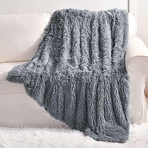 "YUSOKI Extra Soft Longfur Faux Fur Blanket 50"" x 60"",Washable Warm Furry Throw Blanket for Bed Chair Sofa Pet Car Seat Home Decor (Gray, Throw50 x 60"")"