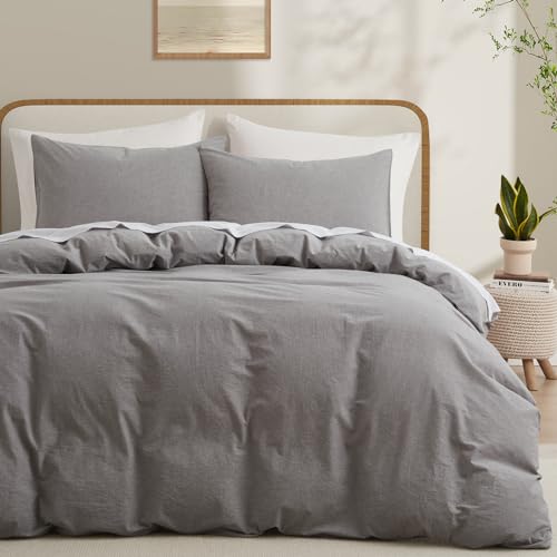 LOVQUE 100% Washed Cotton Duvet Cover, Light Grey, Full Size, 80x90 Inches - Breathable, Linen-like, Natural Bedding Set with Zipper Closure, Corner Ties, 1 Cover + 2 Pillowcases, No Comforter