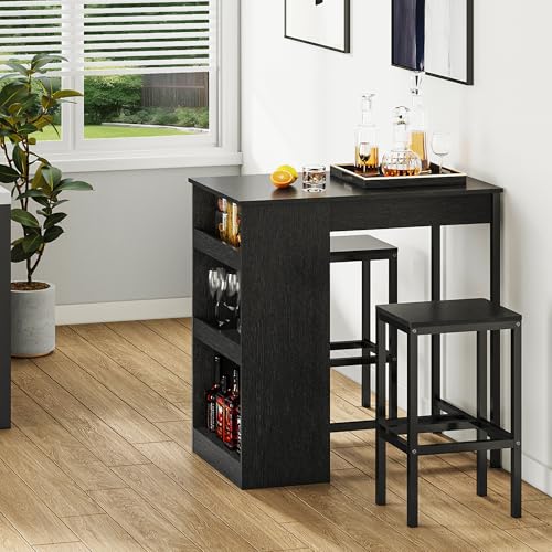 YITAHOME Breakfast Bar Table and Stools Set, Bar Table Set with Bar Stools, Breakfast Bar Dining Bar Table Footrest and Storage Shelf for Kitchen Dining Room Pub Industrial Steel Frame (Black)