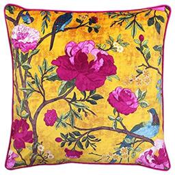 "Riva Paoletti Feather Filled Cushion Yellow-Chinoiserie Flower Bird Print-Piped Edges-Machine Washable-100 Case (20"" x 20"" inches), Polyester, Gold, 50 x 50cm"