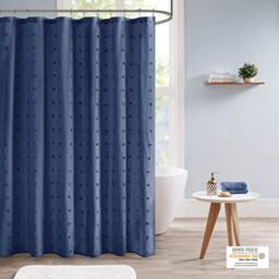 "Urban Habitat Brooklyn Cotton Fabric Shower Curtain Jacquard Pom Machine Washable Shabby Chic Modern Home Bathroom Décor Bathtub Privacy Screen, 70"" x 72"", Indigo Blue"