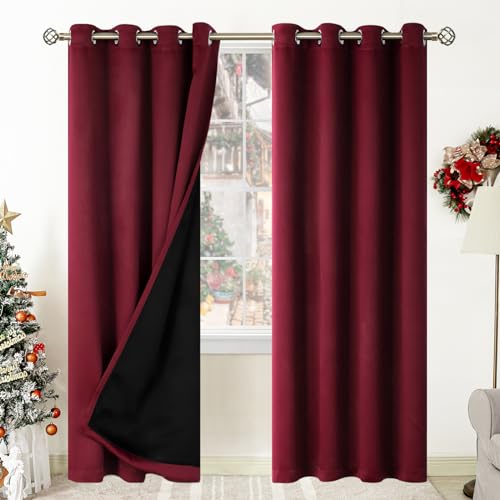 BGment Thermal Insulated 100% Blackout Curtains for Bedroom with Black Interior Lining, Double Layered, Full Room Darkening, Noise Reducing, Burgundy Red, 2 Panels