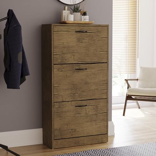 Vida Designs Shoe Cabinet, Wooden Shoe Storage Unit with 3 Pull-Down Drawers, Multifunctional Dust-Proof Space-Saving Slim Cupboard for Hallway or Entryway (Antique Brown)