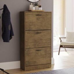 Vida Designs Shoe Cabinet, Wooden Shoe Storage Unit with 3 Pull-Down Drawers, Multifunctional Dust-Proof Space-Saving Slim Cupboard for Hallway or Entryway (Antique Brown)