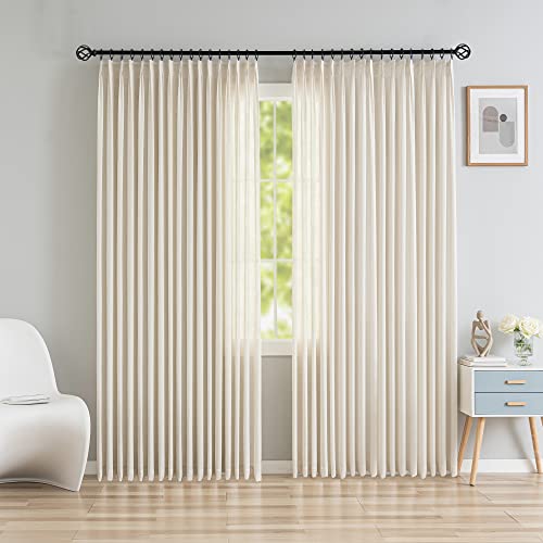 "OYRING Extra Wide Pinch Pleated Faux Linen Light Filtering Curtains, Semi Sheer Pinch Pleated Drapes with Hooks for Living Room Natural Linen (1 Panel, 100"" W x 84"" L)"